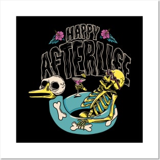 Happy Afterlife Pool Life Skeleton Summer Vibes Posters and Art